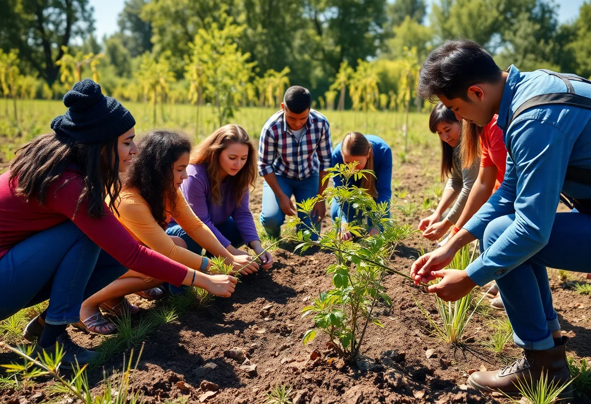A group of diverse volunteers planting trees in a sunny field.