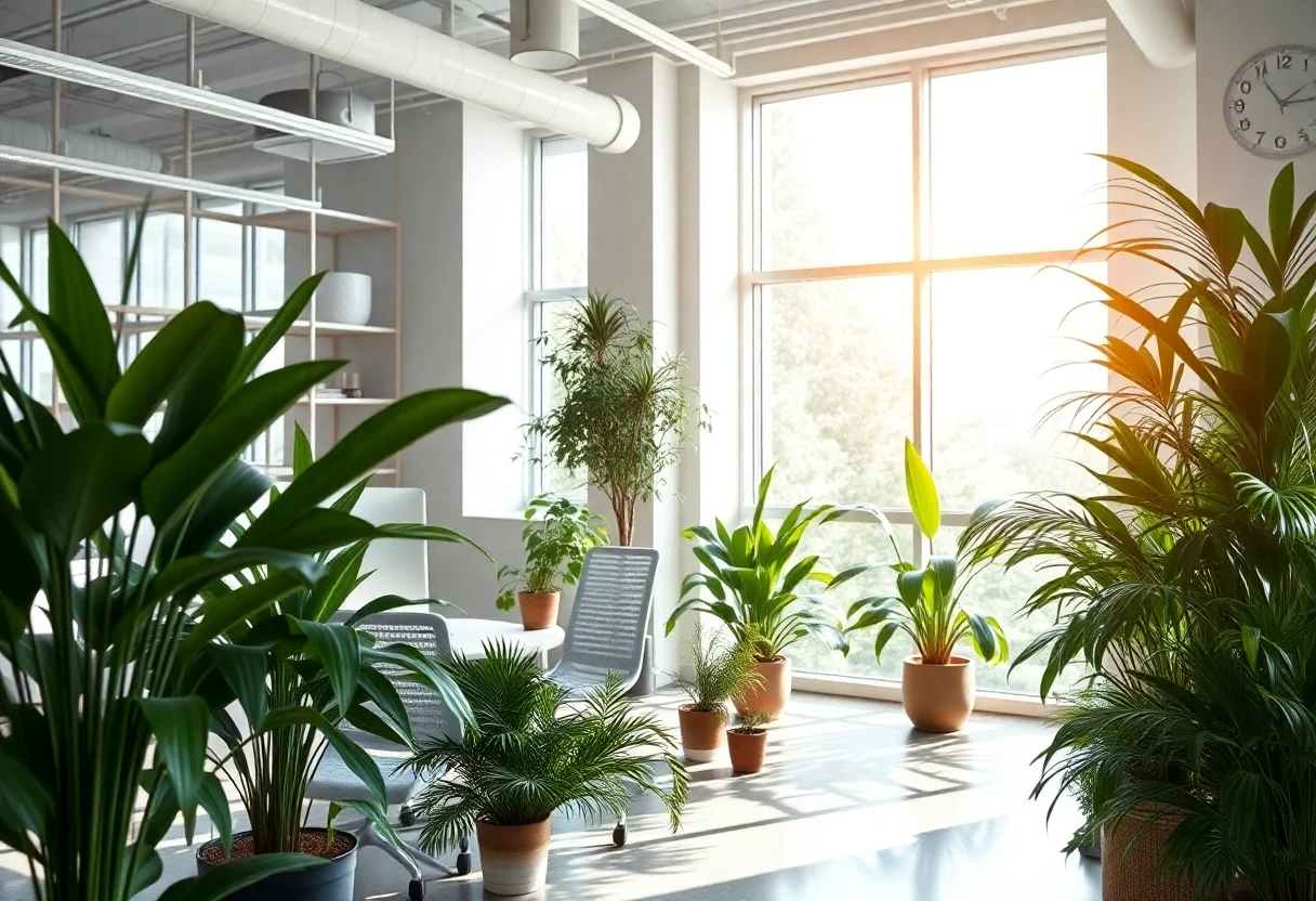 A modern office space with green plants and natural light, reflecting an eco-friendly workspace.