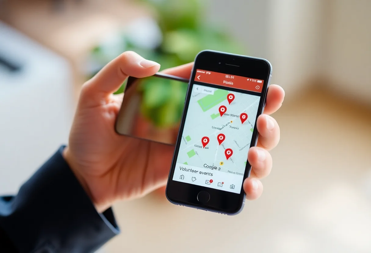 A person holding a smartphone showing a map with location pins for volunteer events.
