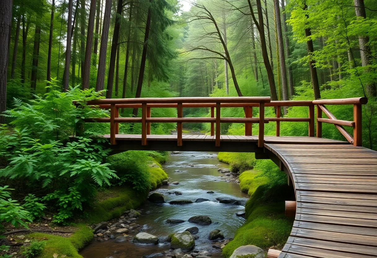 A secure wooden bridge over a creek in a lush green forest, symbolizing trust and protection.