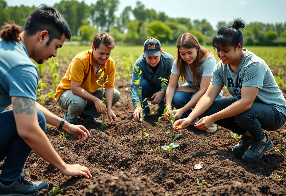 Group of volunteers planting tree saplings in a field