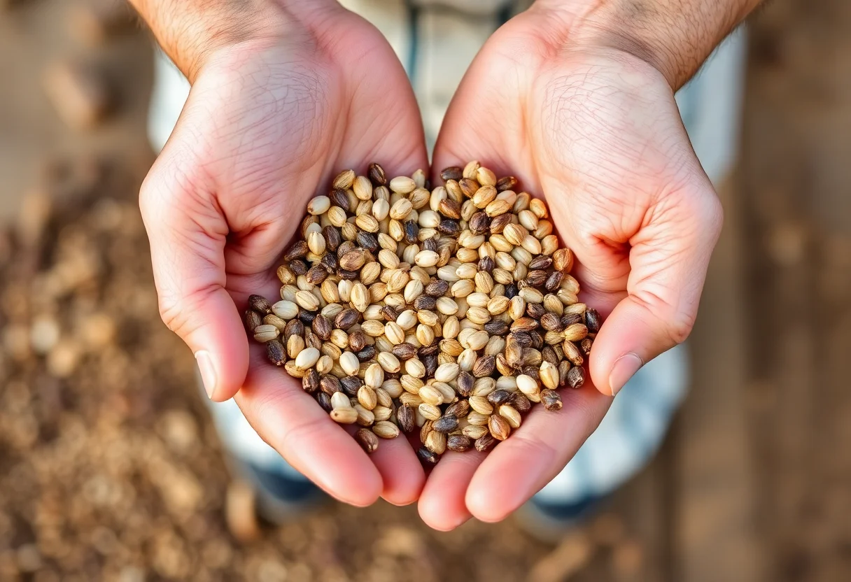 Hands holding various seeds and grains for a workshop
