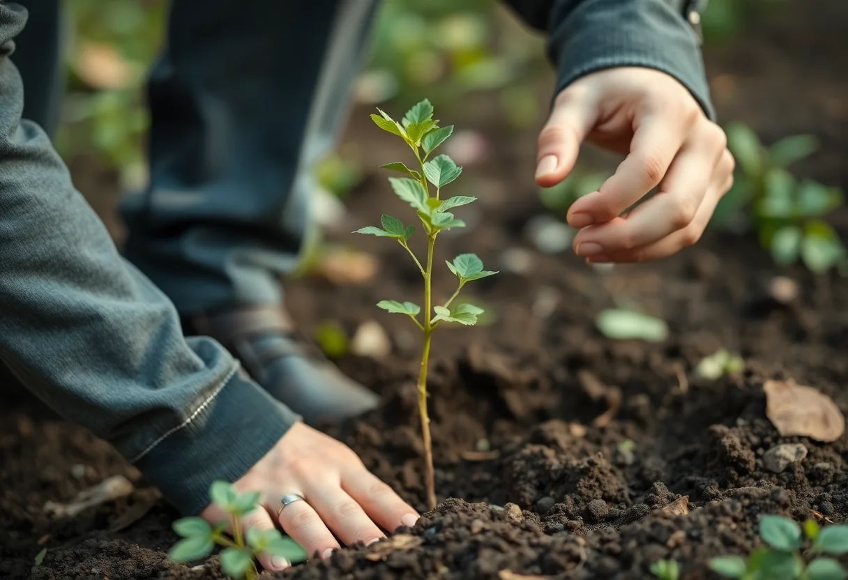 Person planting a small tree sapling in the soil