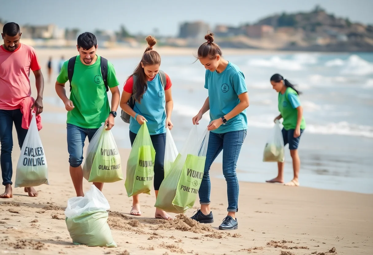 Volunteers cleaning a beach with bags