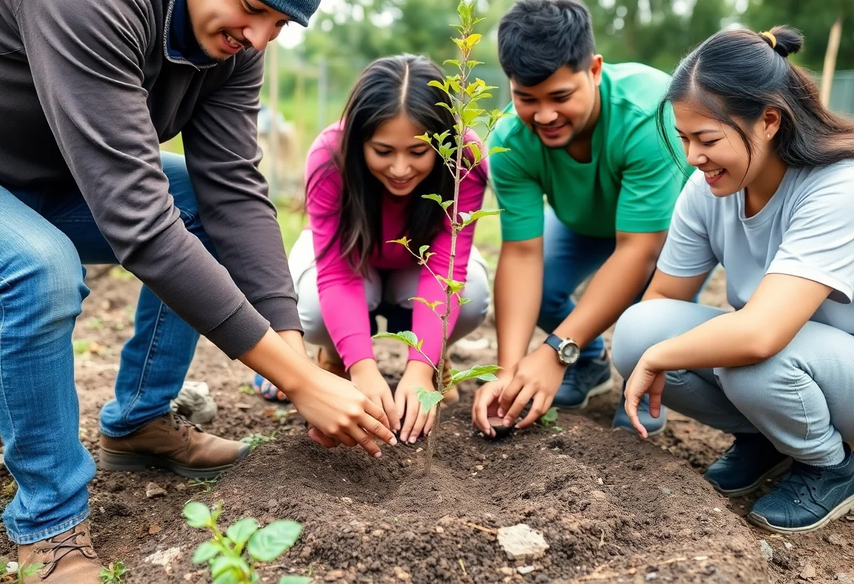 Volunteers planting a small tree sapling together in a community garden.